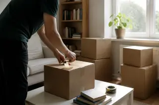 Young adult preparing to move out, taping a cardboard box in a sunlit, tidy living room with moving boxes and simple decor.
