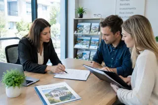 A real estate agent explaining rental documents to a young couple in a bright, modern office setting.