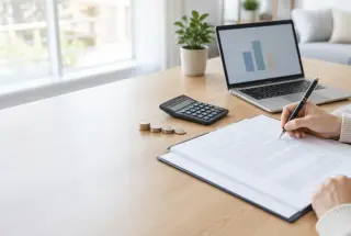 Bureau avec contrat de location, calculatrice et ordinateur dans un appartement lumineux pour illustrer le calcul de révision du loyer.